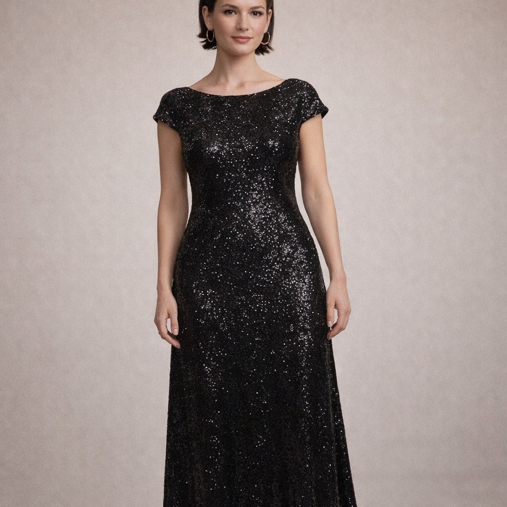 Revelry Sequin Maxi Dress L Black Cap Sleeve Deep V-Back Formal Glam Gown